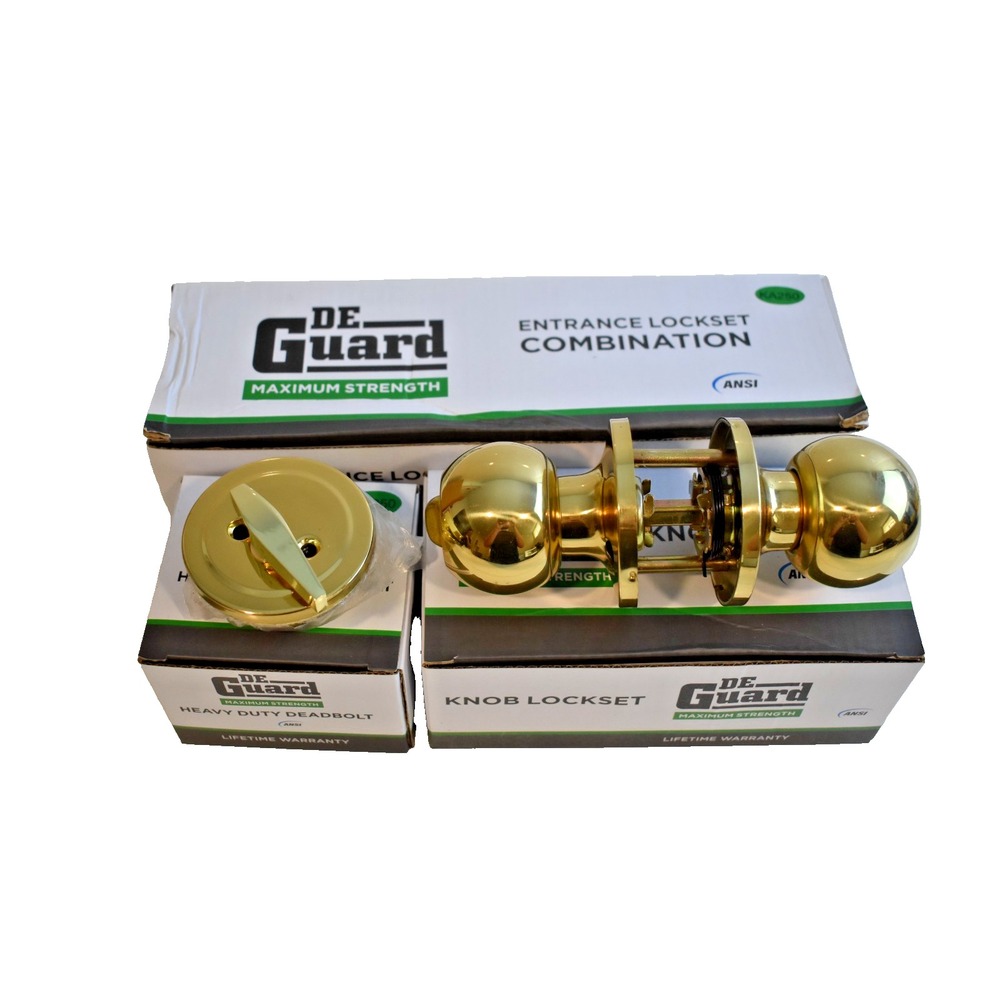 De Guard Entry Lock and Deadbolt Combo New Hardware and Keys Gold #1365